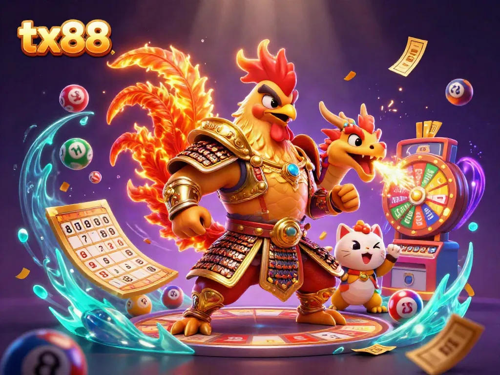Engage in vibrant gambling action with tx88, featuring a heroic rooster and a dragon in a colorful casino adventure.