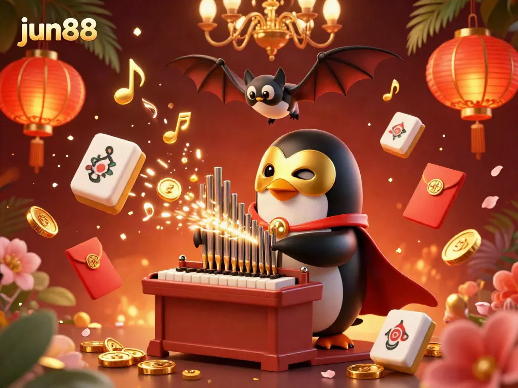 Experience thrills at Jun88 with a phantom opera penguin and festive elements in a casino ambiance.