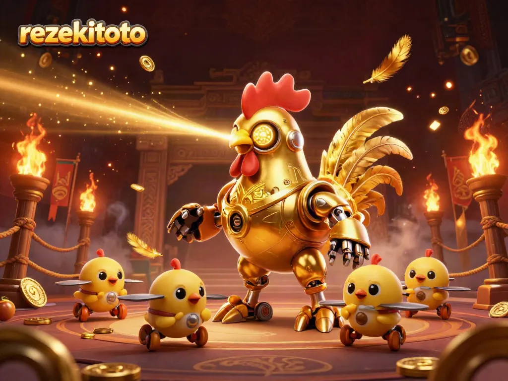 Experience the excitement of rezekitoto with a golden rooster robot leading a crew of baby chick drones in a thrilling gambling arena.