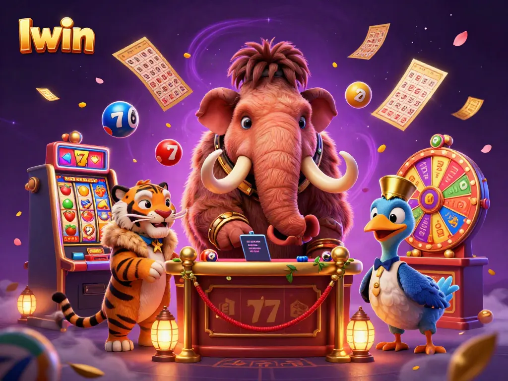 Iwin entertains players with vibrant casino action featuring a cartoon mammoth bouncer and animated lottery elements.