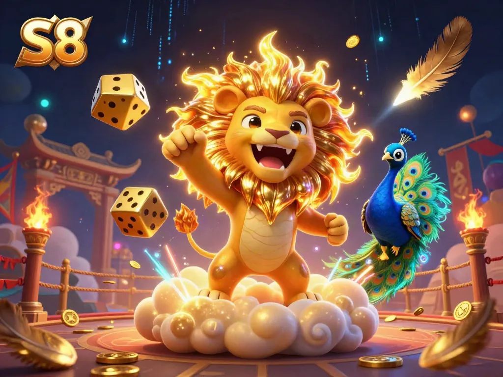 Experience S8's casino adventure with a roaring sun lion and golden dice in a vibrant setting.