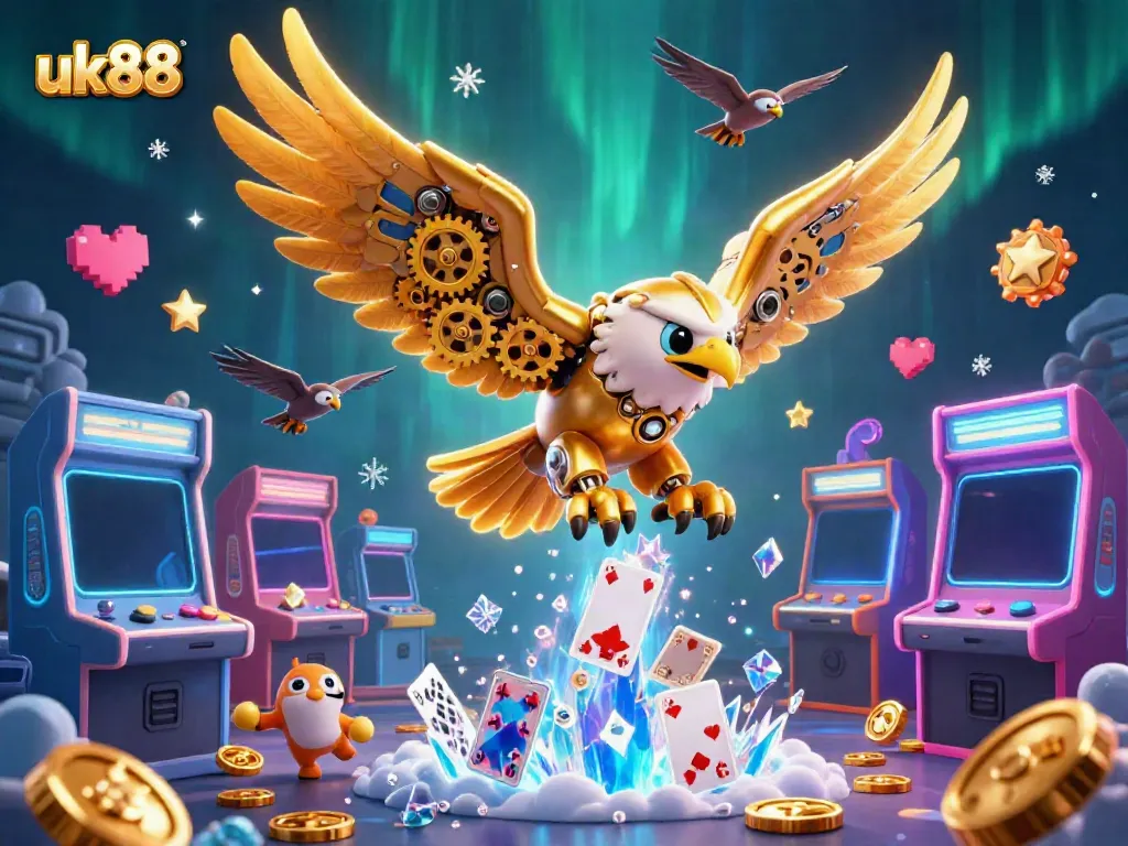 Experience thrilling gameplay at uk88 with a cybernetic eagle amidst dynamic casino elements.