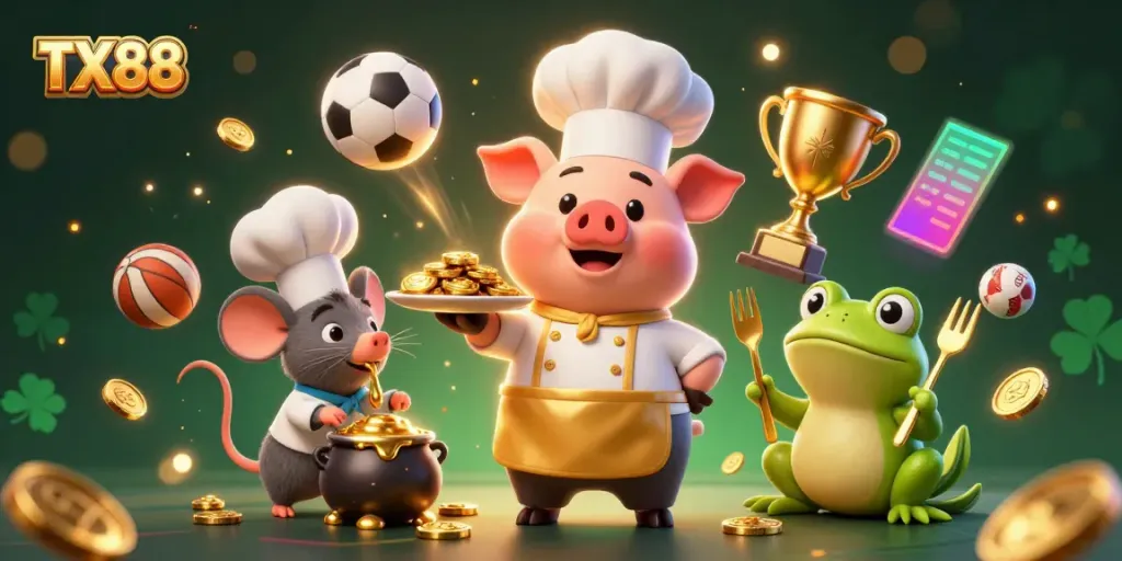 TX88 showcases a fun 3D pig chef serving gold coins, highlighting an exciting casino atmosphere.