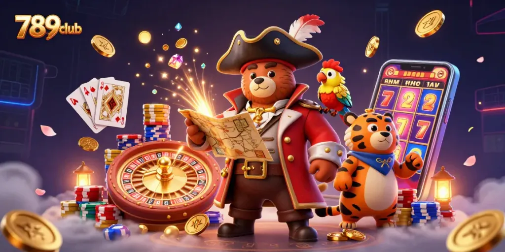 Join the action at 789club with a vibrant 3D casino scene featuring pirate and treasure themes.