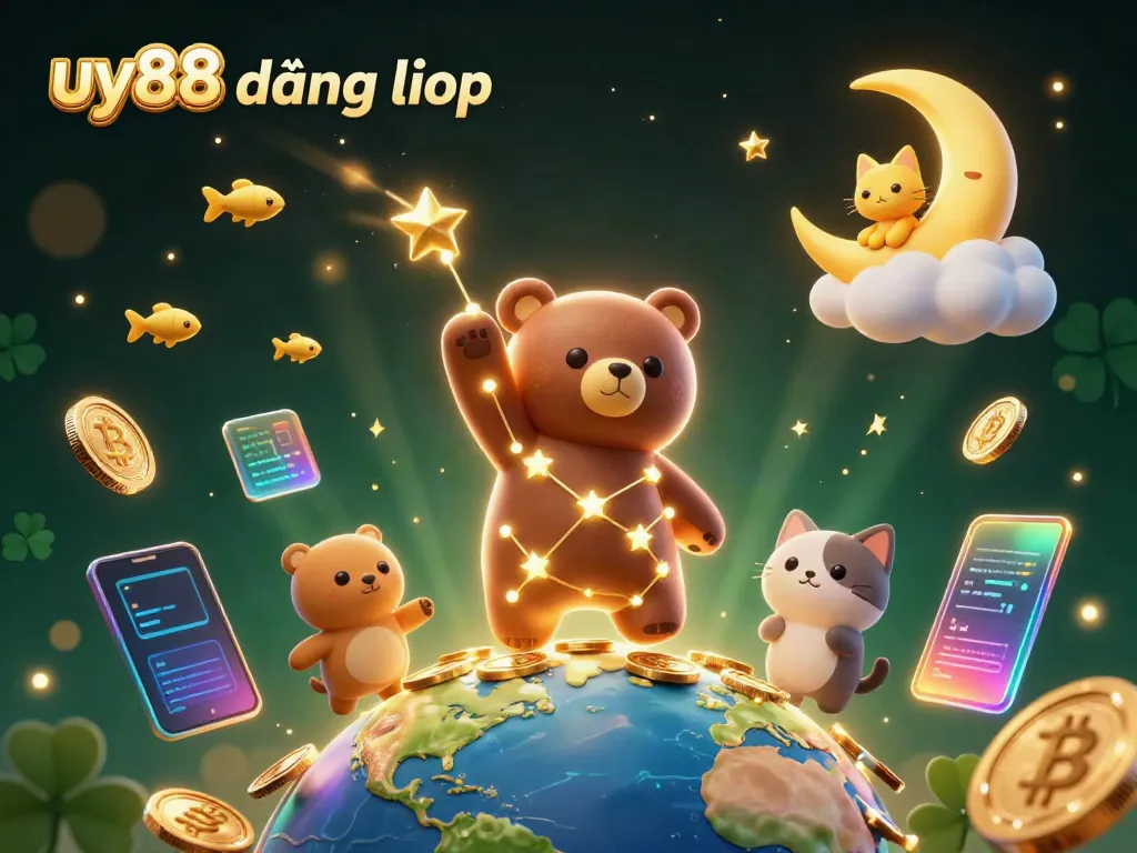 Engage with uy88 đăng nhập to win big as a constellation bear gathers coins beneath a night sky of crypto.