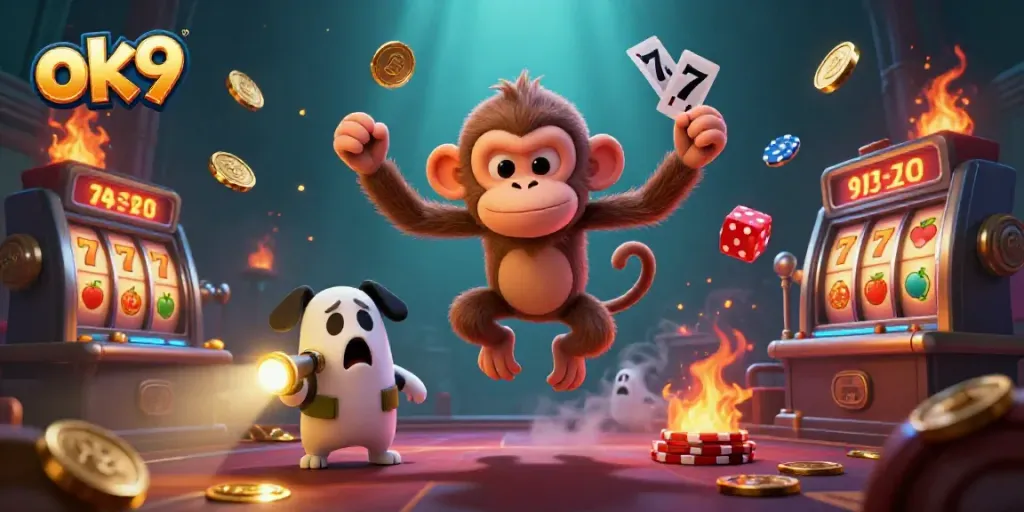 Exciting gambling illustration featuring the ok9 brand, showcasing a mischievous monkey and ghost-hunter puppy in a haunted casino.