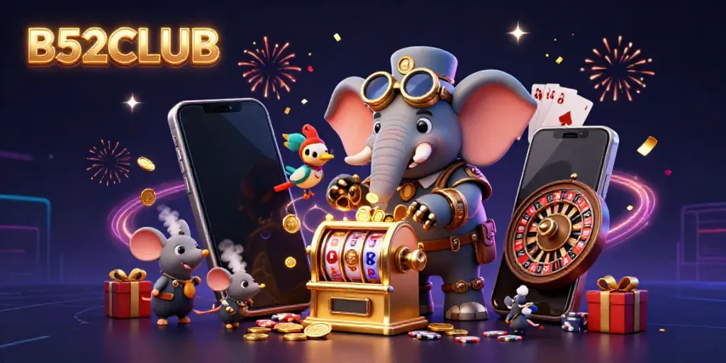 Spin to win at B52CLUB with a colorful casino scene featuring a steampunk elephant and dynamic games.