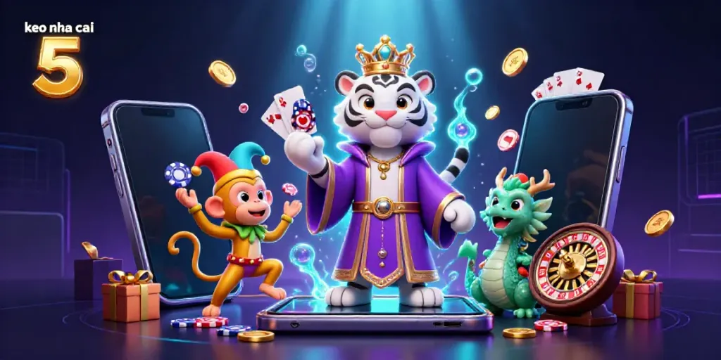 Engaging keo nha cai 5 promotional illustration featuring a royal tiger, playful monkey, and animated dragon.