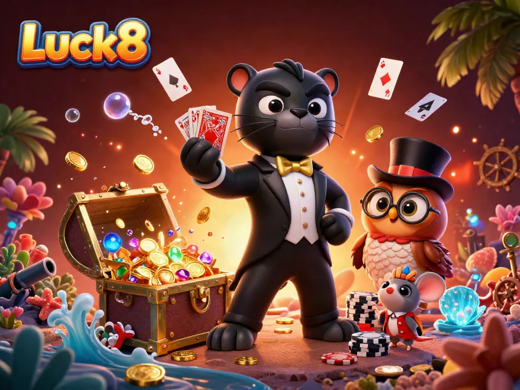 Luck8's vibrant casino scene with a panther, owl, and mouse amidst gold coins and playing cards.
