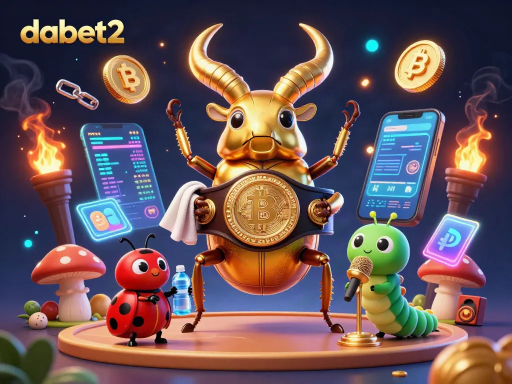Engage with dabet2's exciting casino features in a vibrant 3D illustration of a golden stag beetle boxing.