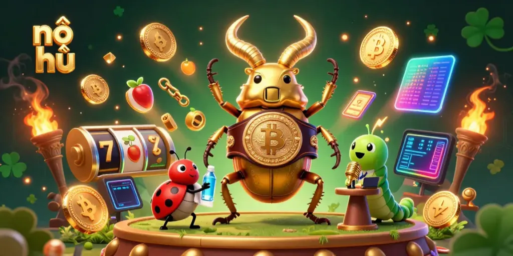 Experience the excitement of nổ hũ with a vibrant, dynamic casino scene featuring a giant stag beetle, ladybug, and caterpillar.