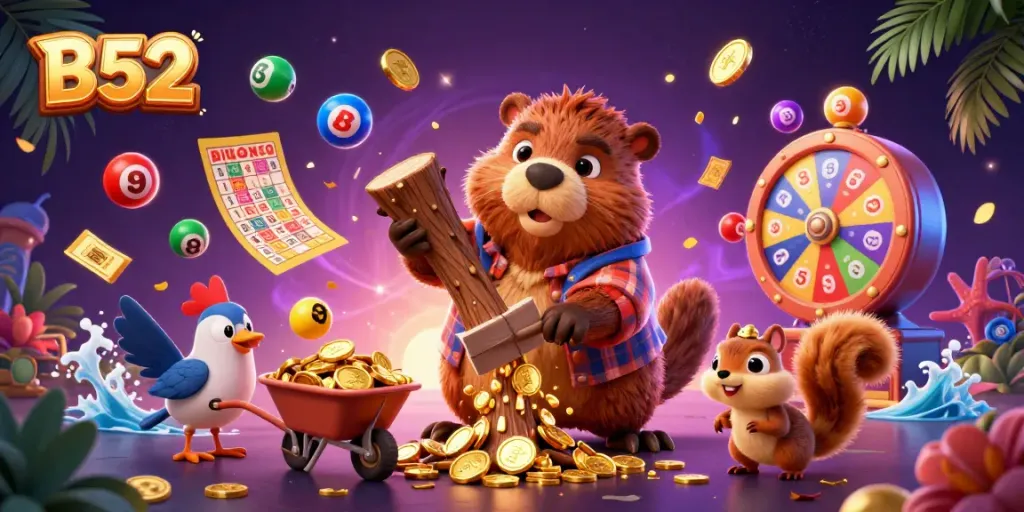 Experience the thrill of B52 with a beaver in a casino scene collecting coins and lottery prizes.
