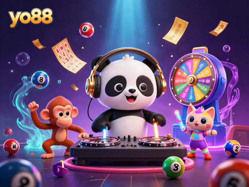Engage with yo88's vibrant gaming scene featuring a DJ panda, dancing monkey, and rave kitten.