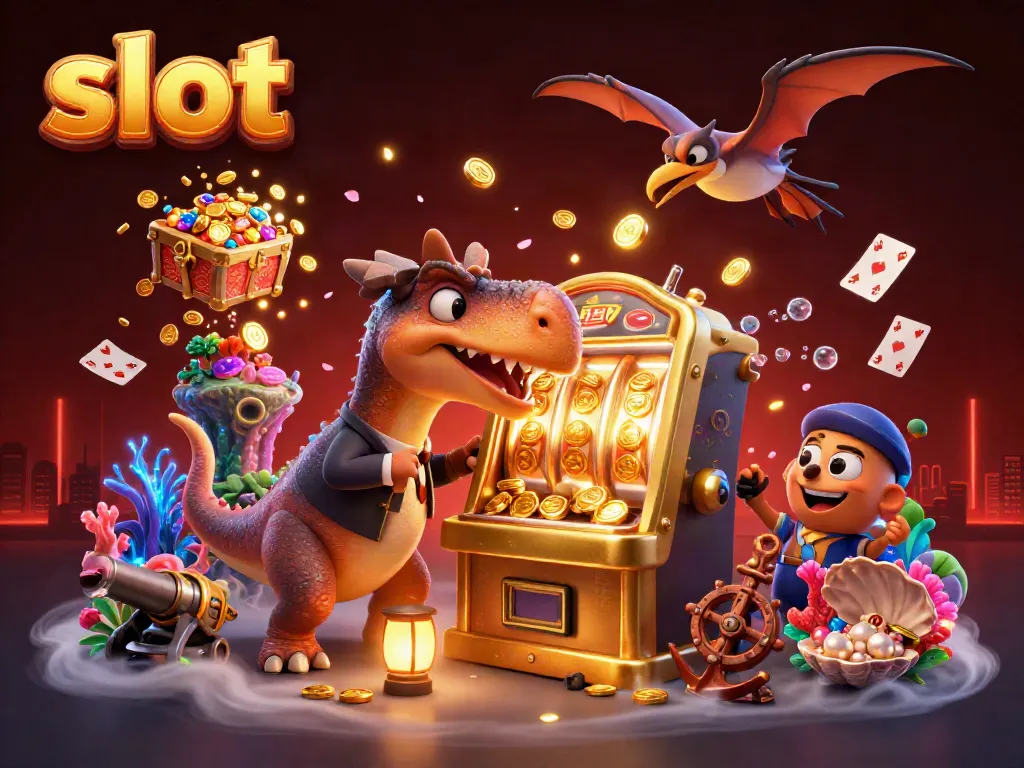 Slot jackpot dari mesin slot dengan dinosaurus di kasino, memikat perhatian pemain.