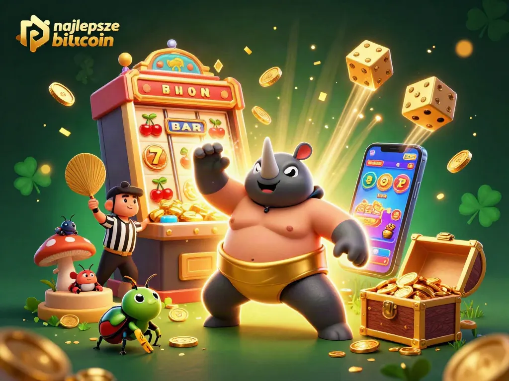 Engaging scene of najbolzej kasyno bitcoin featuring a 3D beetle champion amidst a vibrant casino atmosphere, celebrating wins.