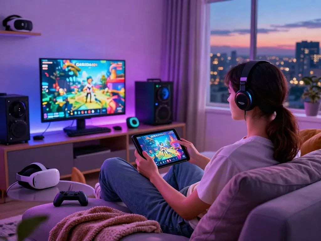 Engaged user exploring the GARUDA404 platform on a tablet in a cozy modern living room.