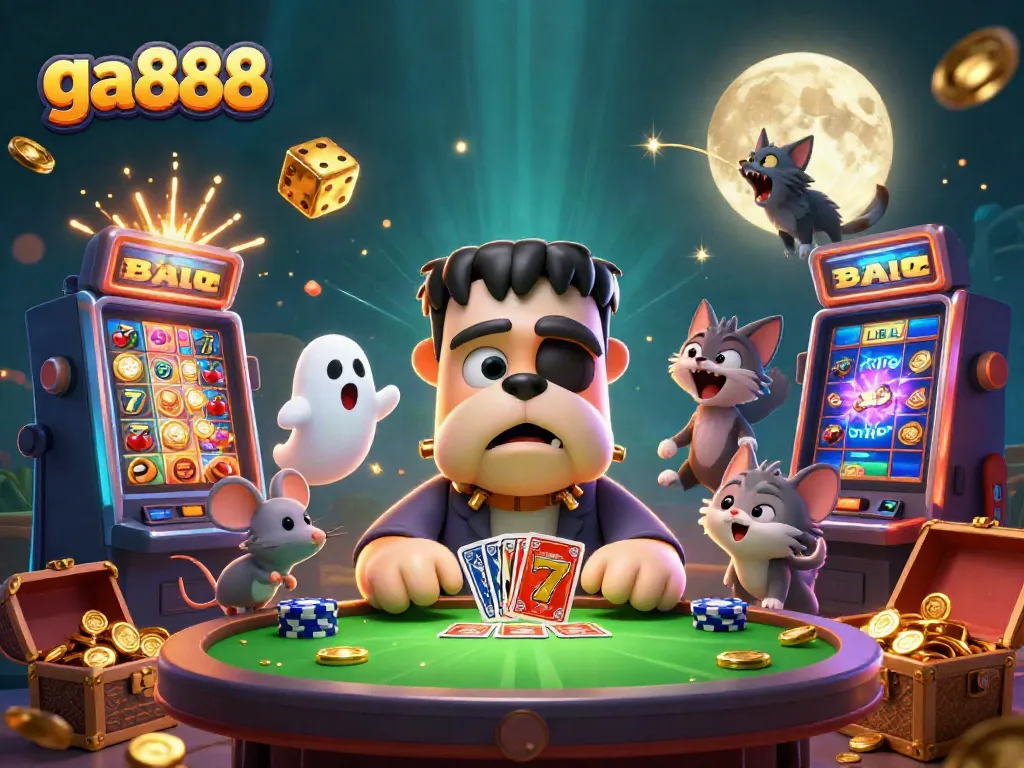 Engage in thrilling gaming action at ga888 with a vibrant scene featuring a Frankenstein bulldog dealer and diverse casino elements.