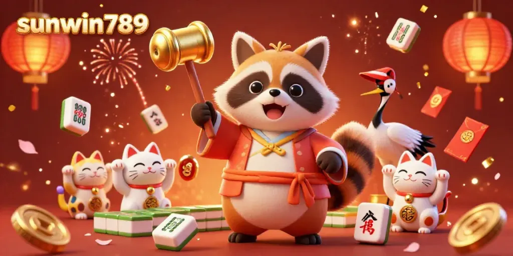Engage with the vibrant world of sunwin789 featuring a festive tanuki in a casino scene filled with lucky symbols.