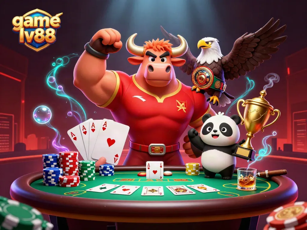 Engage in thrilling action with game lv88, featuring a muscular bull, eagle, and panda amid poker chips.