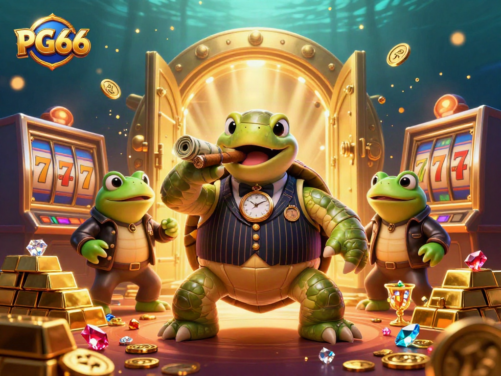 Engage in the PG66 casino world with the massive snapping turtle and bullfrog enforcers in a vibrant slot scene.