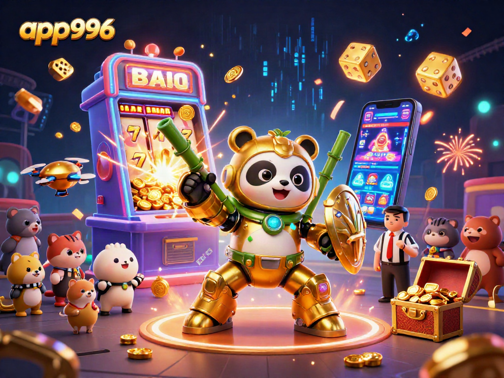 Win big with app996 in a vibrant, packed 3D casino scene featuring dynamic slot elements.