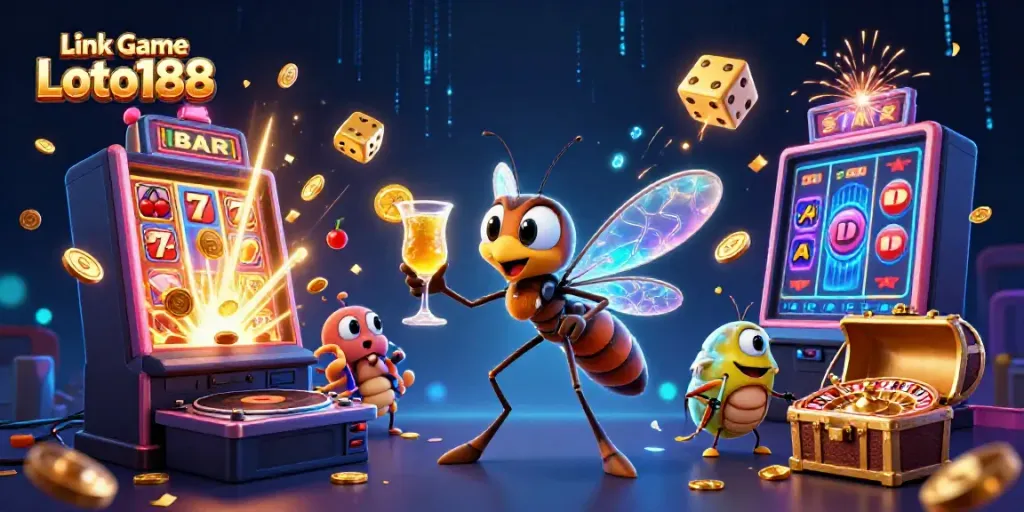 Vibrant depiction of Link Game Loto188 showcasing a lively casino scene with animated characters and exciting gaming elements.