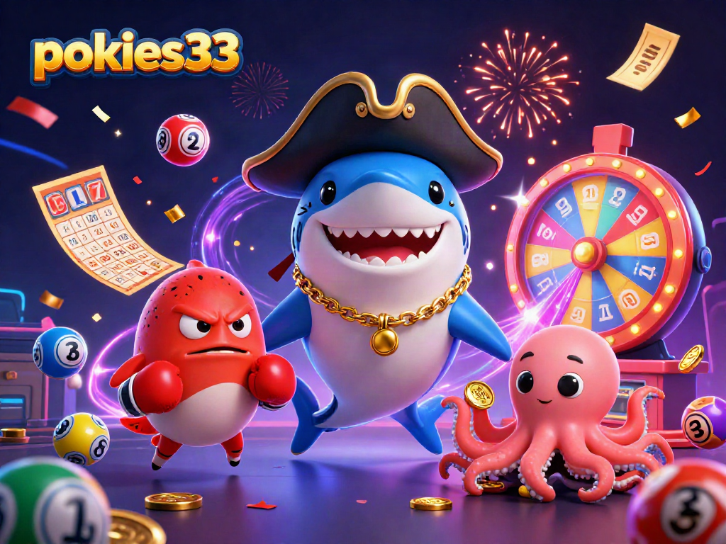 Engage with pokies33 through a lively illustrated scene of casino characters and exciting game elements.