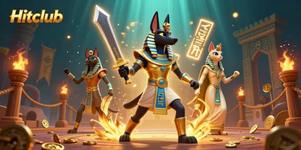 Hitclub jackal warrior Anubis and a glowing cat Bastet in a dynamic casino illustration.