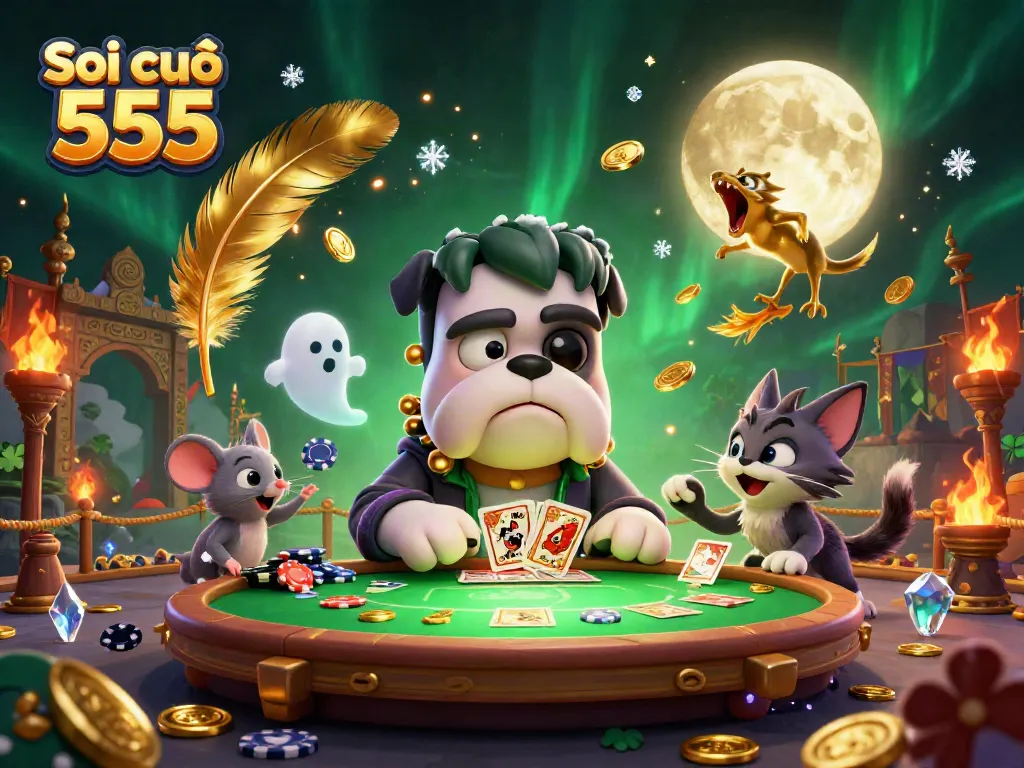 Engage with Soi cầu 555's thrilling gaming experience featuring a Frankenstein bulldog monster and mystical elements.