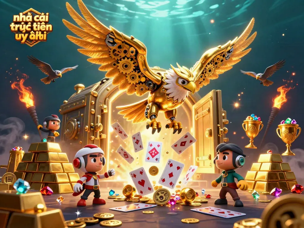 Experience the thrill of nhà cái trực tuyến uy tín with a dynamic illustration of a golden eagle soaring among casino treasures.