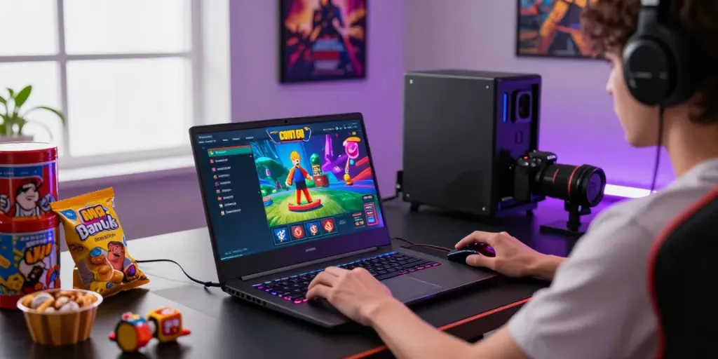Engaging player enjoying slot88 game on laptop with vibrant gaming setup.