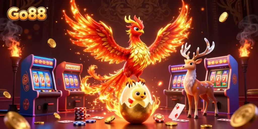 Engage with Go88's thrilling casino atmosphere featuring fiery phoenixes and vibrant gaming elements.