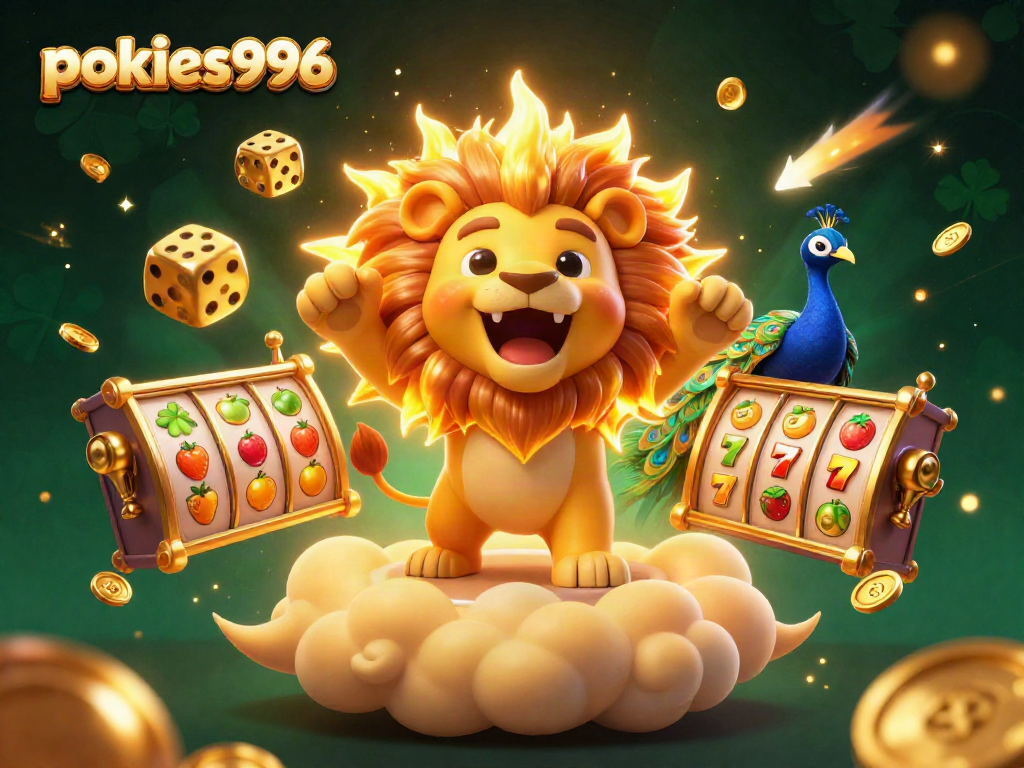 Experience pokies996 with a vibrant 3D casino world of slots, golden dice, and celebratory elements.