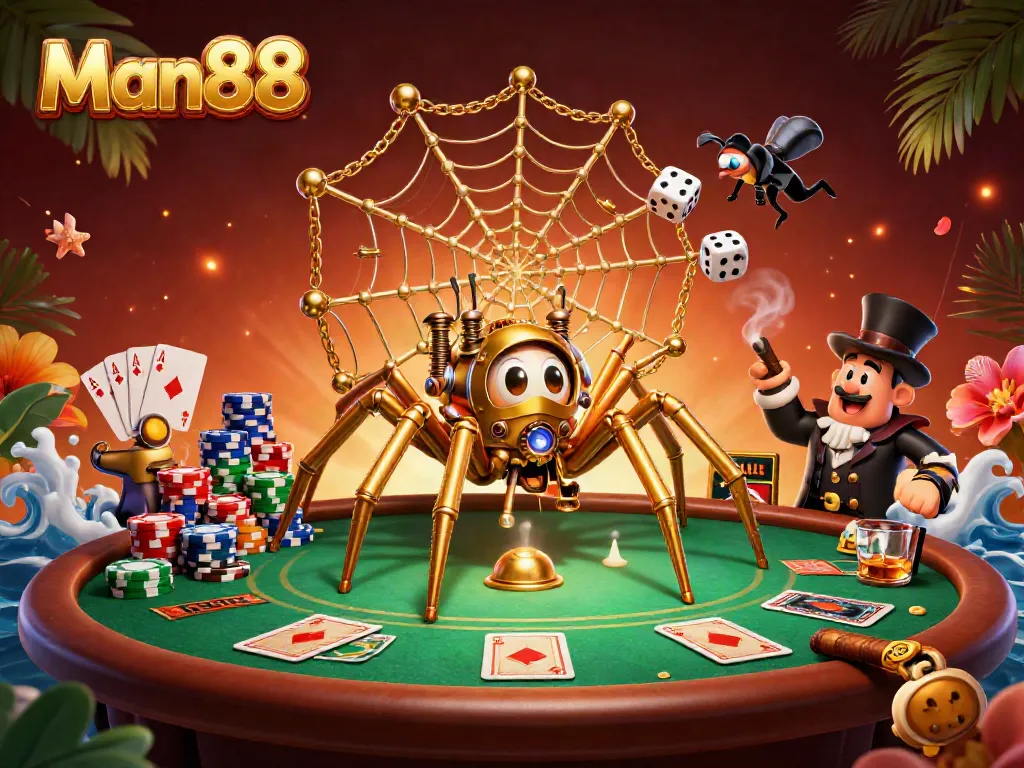 Experience the thrill of Man88 as the steampunk spider catches dice in a vibrant casino scene.