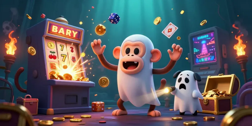 Engaging scene of 91 CLUB with playful poltergeist monkey juggling casino items while a curious puppy tracks it.