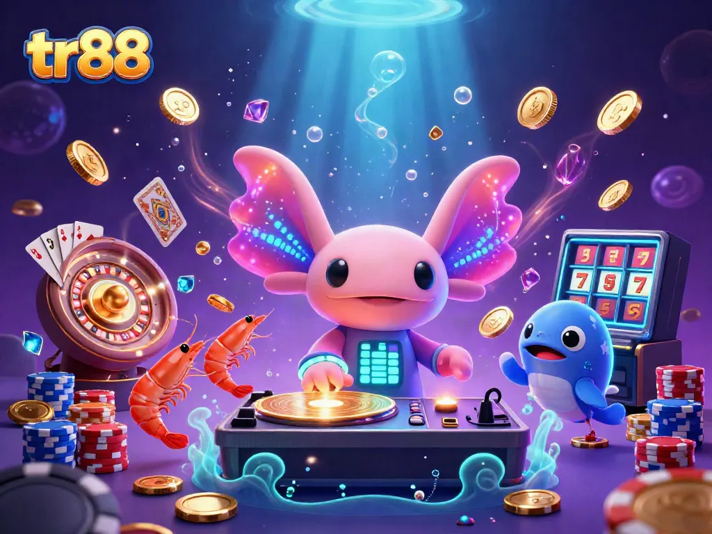 Join the vibrant gaming world of tr88 with a neon axolotl DJ and dazzling casino elements!