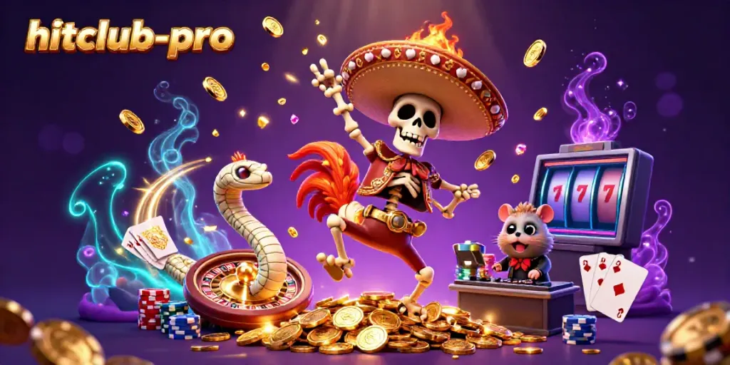Engage with hitclub-pro as characters celebrate wins with golden coins, vibrant casino elements, and colorful poker chips.