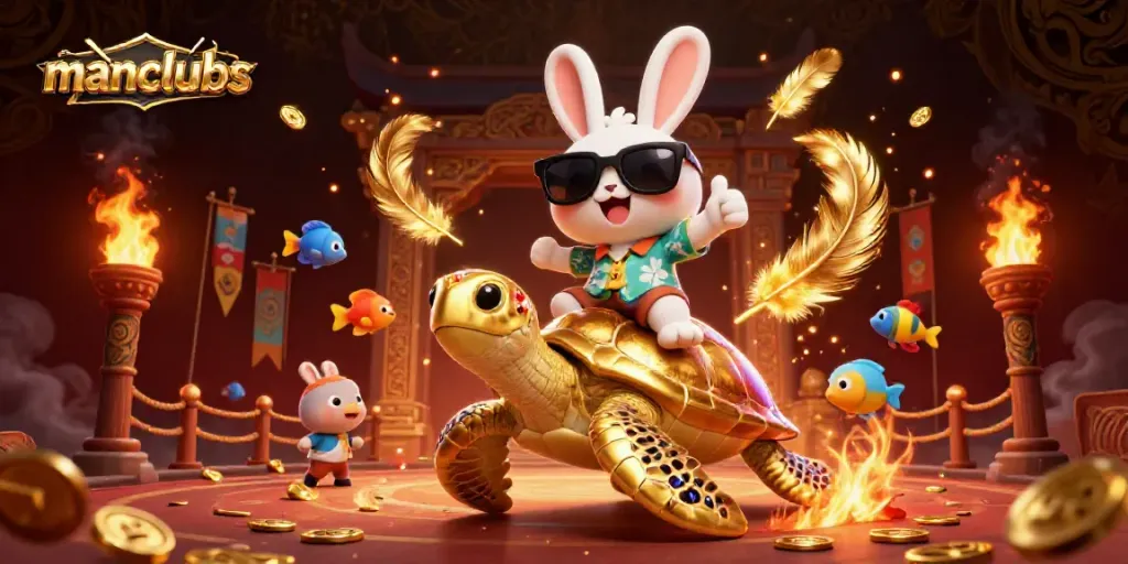 Experience excitement at manclubs with a lucky rabbit and a golden turtle in a casino scene.
