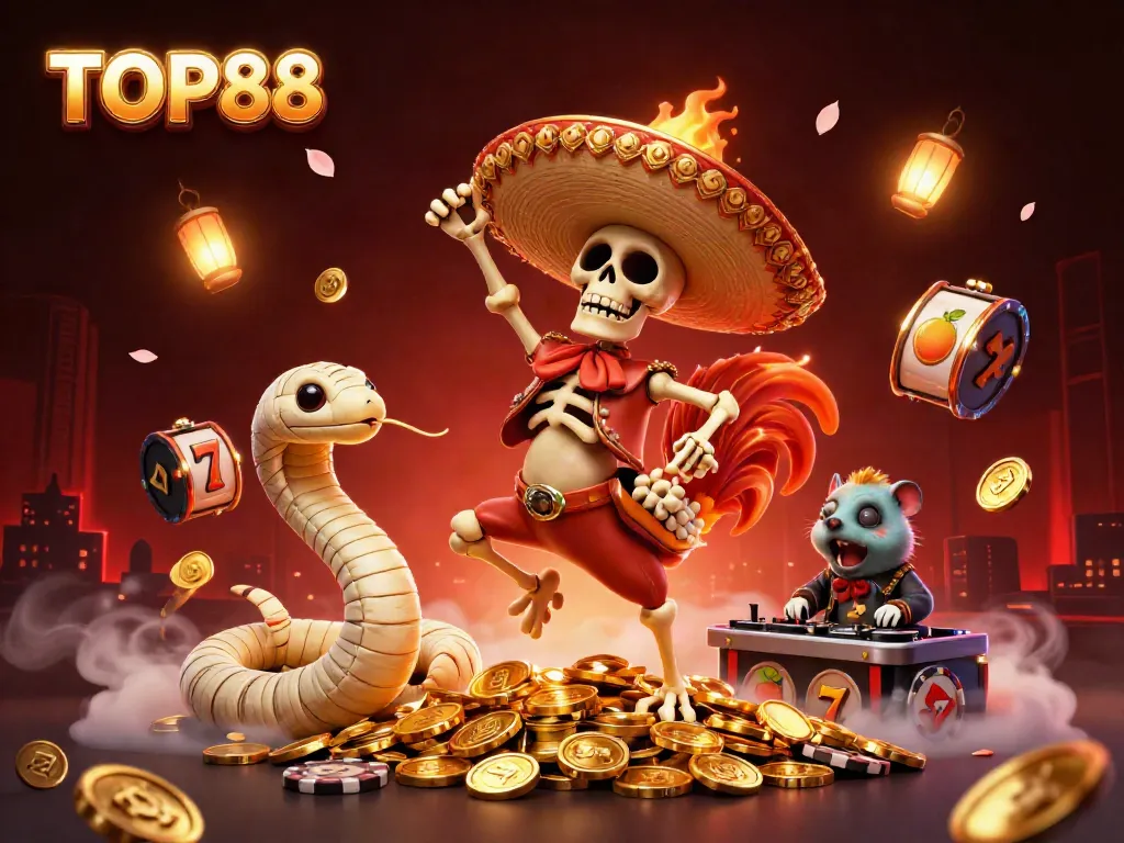 Engage with TOP88's vibrant casino scene featuring dynamic slot elements and festive characters.