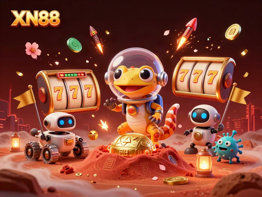 Join the fun at XN88 with a Martian gecko exploring a vibrant casino in a cosmic adventure.