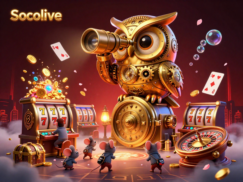 Socolive enhances gaming excitement with a vibrant 3D illustration showcasing a golden owl scanning a lively casino.