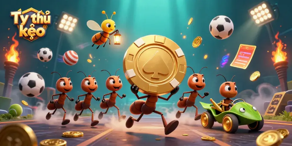 Engage with Tỷ lệ kèo by witnessing animated ants in a dynamic heist scene, surrounded by vibrant sports elements.