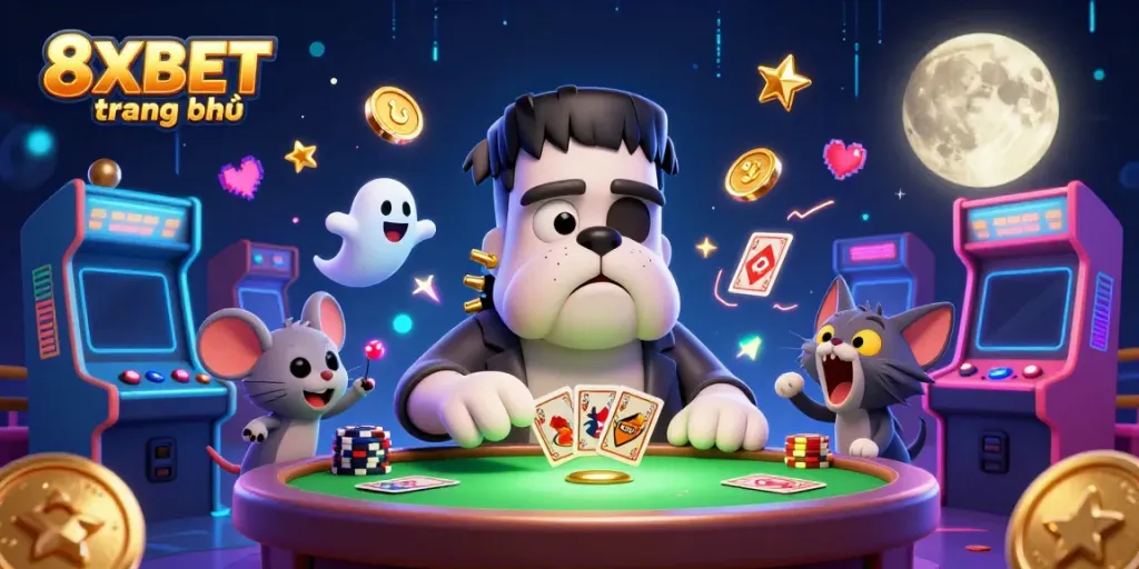 Join the fun at 8XBET trang chủ as a Frankenstein bulldog dealer shuffles cards among lively casino elements.
