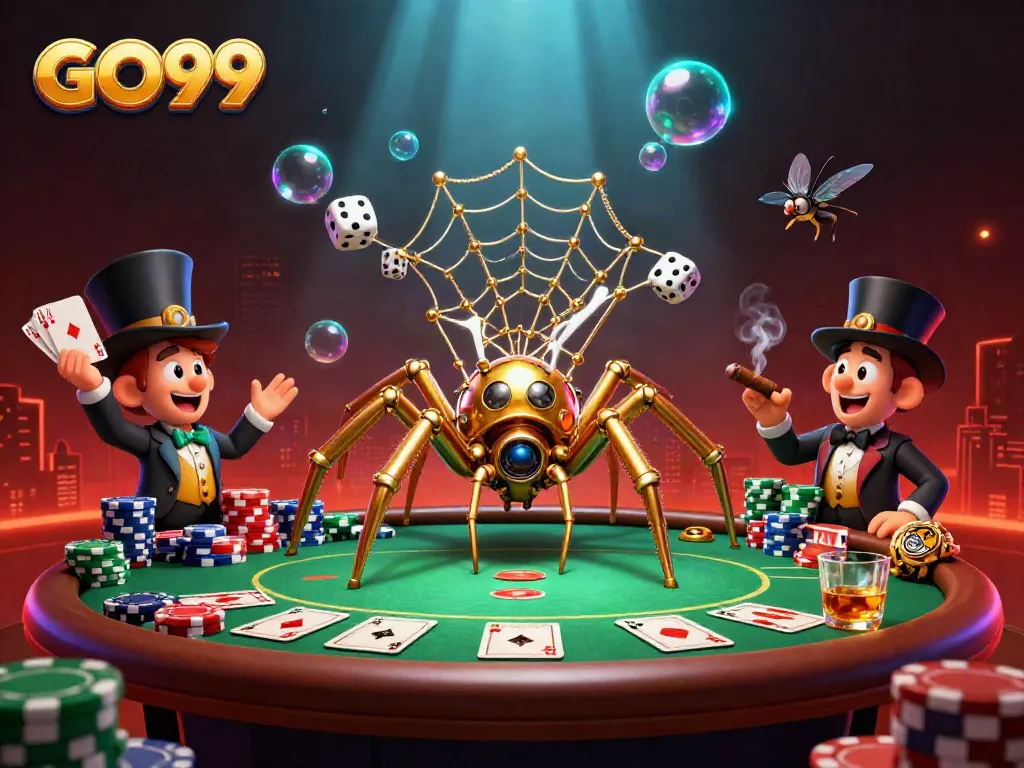 Engaging illustration with GO99 showcasing a steampunk spider in a vibrant casino scene.