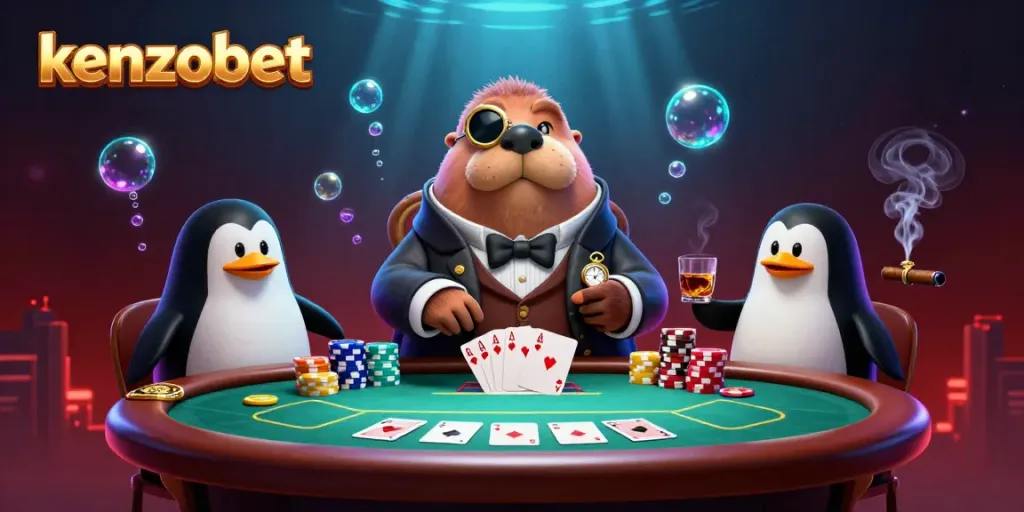 Kenzobet players experience exciting underwater poker with intriguing characters and vibrant casino elements.