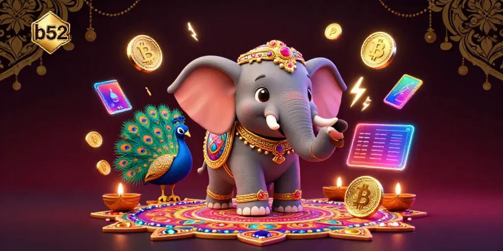 Engage with B52's vibrant casino atmosphere filled with festive elements and cryptocurrency excitement.