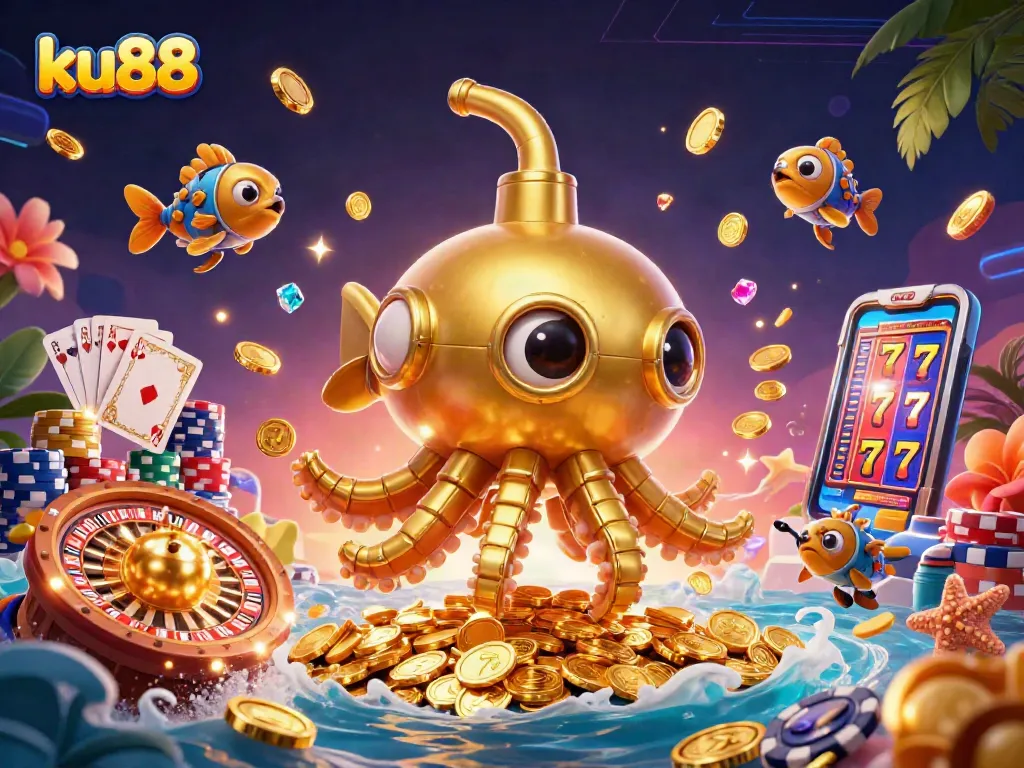 ku88 casino scene featuring a golden kraken and mechanical fish amidst coins and casino elements.