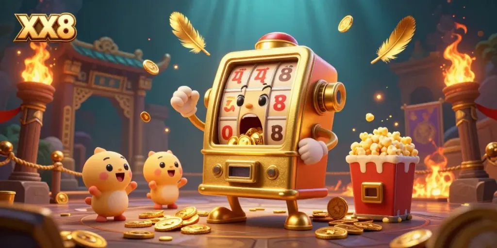 XX8 slot machine reveals a jackpot in a vibrant casino scene, surrounded by golden coins and cheering machines.