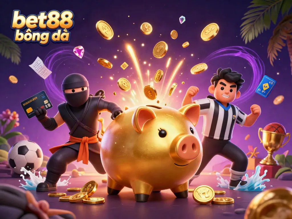 Experience the excitement of bet88 bóng đá with vibrant illustrations of a piggy bank sumo wrestler amidst dynamic sports betting elements.