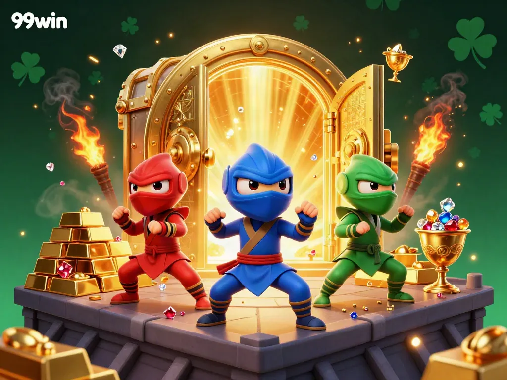 Experience thrilling wins with 99win in this dynamic scene featuring chameleons and treasure.